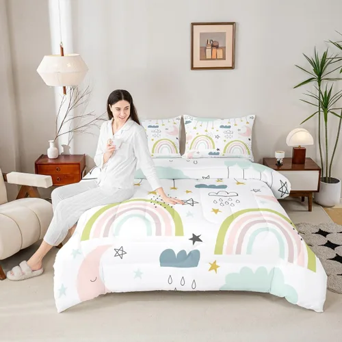 Miniatura 4 de Erosebridal Juego de ropa de cama con diseño de arco iris para niños, tamaño individual para niñas, lindo juego de edredón de dibujos animados