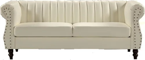 Container Furniture Direct Sofá de piel sintética de 77 pulgadas inspirado en Chesterfield con diseño elegante, patas de calabaza y tapicería de