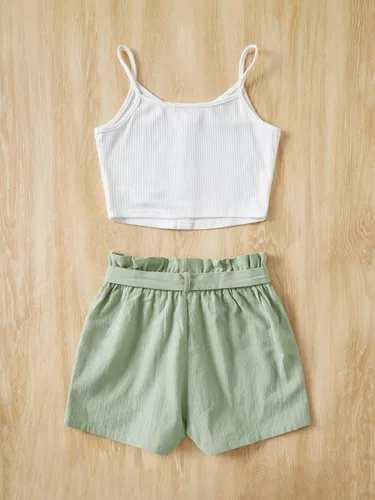 Miniatura 2 de SHENHE Conjunto de 2 piezas para niña, camiseta sin mangas con botones y pantalones cortos con cinturón