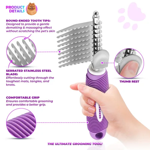 Miniatura 2 de GENPEPADO Peine Rastrillo Desmateador de Subpelo para Perros y Gatos con Cuchillas Largas de Seguridad de Acero Inoxidable de 2.5 Pulgadas