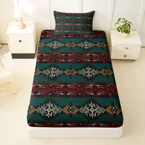 Miniatura 68 de Juego de ropa de cama de estilo bohemio occidental, tamaño individual, diseño de vaca atrapasueños, sábana bajera ajustable del suroeste, tribu