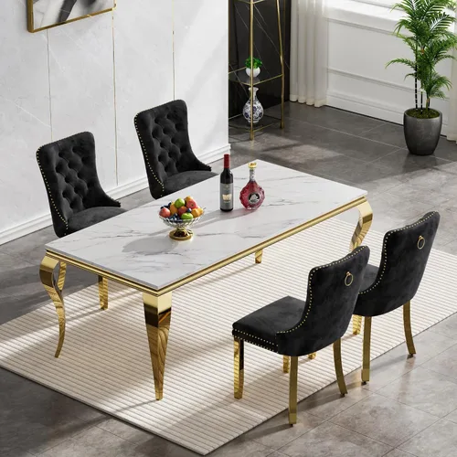 Miniatura 104 de Juego de mesa de comedor de mármol sintético, 7 piezas, juego de mesa de cocina y comedor para 6, mesa de comedor rectangular blanca de 70 pulgadas