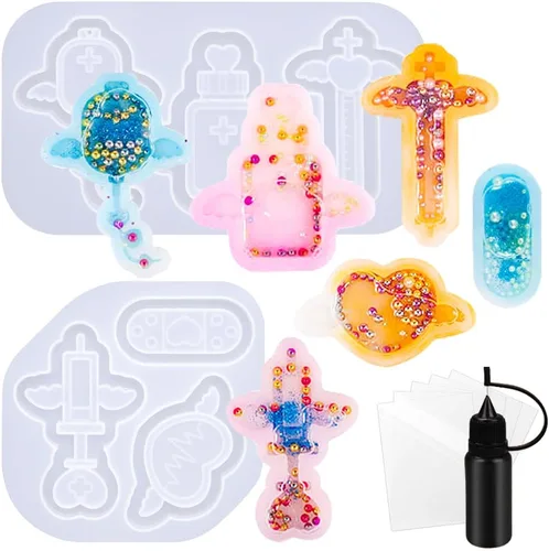 Miniatura 29 de Juego de moldes agitadores de resina, suministros de fundición de joyería epoxi, máquina de garras, camión de postres, consola de juegos, oso