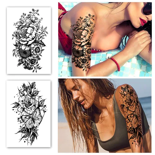 Miniatura 6 de Tatuaje Temporal de Brazo Completo 8 Hojas y Medio Brazo Hombro Tatuajes Falsos Impermeables 10 Hojas, Calcomanías de Tatuaje Extra Grandes Peonía
