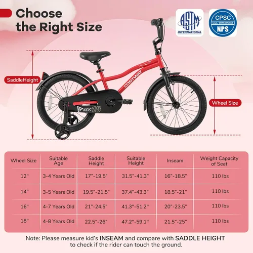 Miniatura 8 de COSTWAY Bicicleta para niños de 12/14/16/18 pulgadas, bicicleta para niños pequeños con ruedas de entrenamiento, asiento y manubrio ajustables, Rojo