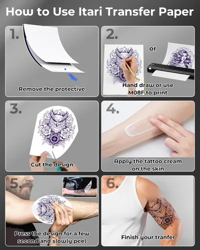 Miniatura 4 de Itari Papel de transferencia de tatuajes, 100 hojas tamaño A4, papel de transferencia de plantillas de tatuaje para bricolaje, papel de rastreo