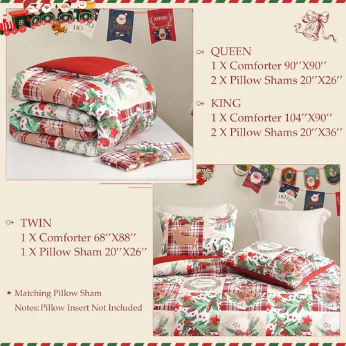 Miniatura 6 de Exclusivo Mezcla - Juego de edredón de Navidad tamaño individual, 2 piezas reversibles, ropa de cama de invierno con patrón de corona de renos