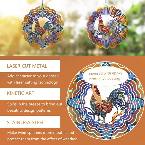 Miniatura 3 de Molinillos de viento de metal de gallo, regalos de pollo para mujeres, mamá, hombres, papá, abuelo, hilandero de viento colgante para decoración