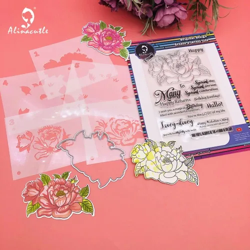 Miniatura 9 de Alinacutle Sellos de flores de peonía, plantillas troqueladas, juego de sellos transparentes, plantillas de capas de corte de metal para hacer
