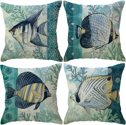Miniatura 8 de ULOVE LOVE YOURSELF Fundas de almohada con temática de mar de peces náuticos, fundas de cojín de playa de 18 x 18 pulgadas, paquete de 4 (mar-2)