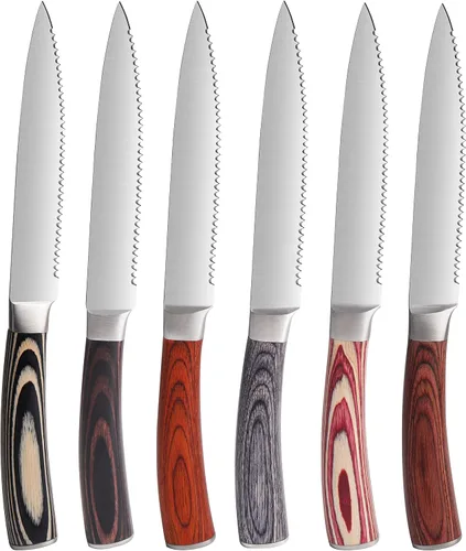 Miniatura 11 de LUVCOSY Juego de cuchillos para carne estilo Laguiole de 6, juego de cuchillos para carne sin dientes con mango de madera de olivo, cuchillos