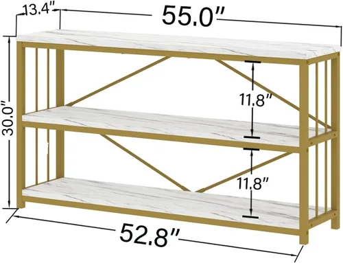 Miniatura 2 de LVB Mesa consola blanca de 3 niveles, moderna mesa de entrada de sofá de mármol sintético dorado, mesas de pasillo de metal de madera con estantes
