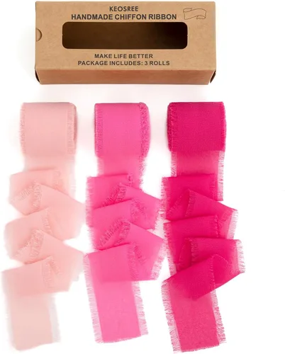 KEOSREE - Cinta de gasa de chifón hecha a mano en rosa pastel y rosa brillante, de 1.5 pulgadas x 21 yardas, con bordes deshilachados de seda, para