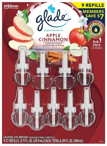 Glade PlugIns - Repuesto de aceite perfumado, aceite esencial impregnado y enchufable, 6.39 onzas líquidas, 9 unidades (Apple Cinnamon)