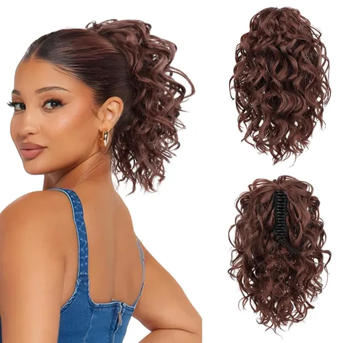 Miniatura 18 de Flufymooz Extensión de cola de caballo, extensión de cola de caballo corta de 12 pulgadas con pinza de garra, cabello ondulado rizado, clip