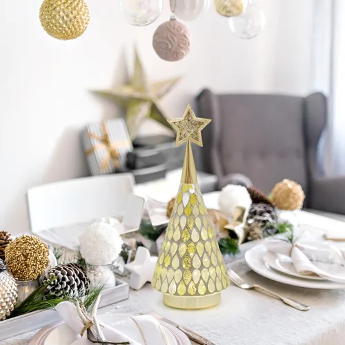 Miniatura 4 de Árbol de Navidad de vidrio con mosaico dorado con estrella, 2 piezas de árboles de Navidad pequeños de mesa con luz, árbol de Navidad a