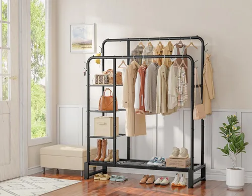 Miniatura 7 de Perchero de doble barra con estantes de almacenamiento de 4 niveles, perchero para colgar ropa, organizador multifuncional de ropa resistente