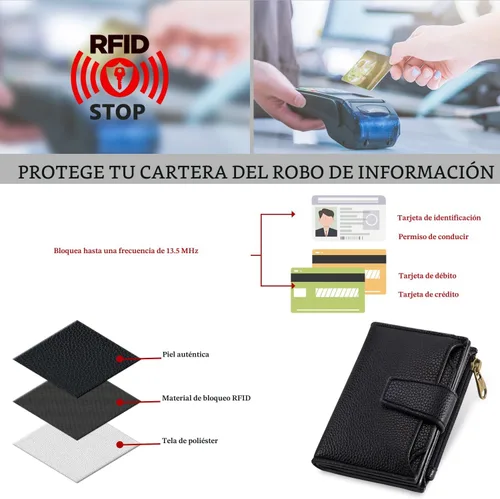 Miniatura 6 de Airkit Cartera para mujer, pequeña cartera de cuero para mujer, plegable, compacta, con bloqueo RFID, tarjetero de crédito, mini bolso de viaje