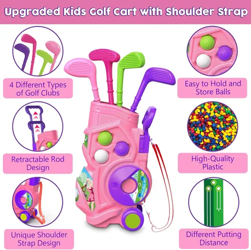 Miniatura 3 de Letapapa Juego de golf para niños pequeños con tapete de puting, 4 palos, 8 bolas, 2 agujeros de práctica para niños de 3 a 5 años, juguetes Rosa