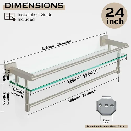 Miniatura 2 de Estantería de vidrio para baño de 24 pulgadas moderna montada en la pared con 1 estante, níquel cepillado, 1 toallero, capacidad de peso de 45 lbs