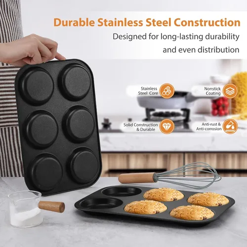 Miniatura 3 de E-far Molde para magdalenas, antiadherente de 6 cavidades poco profundas para hornear pastel de Whoopie, pudín Yorkshire, huevos, pan de maíz