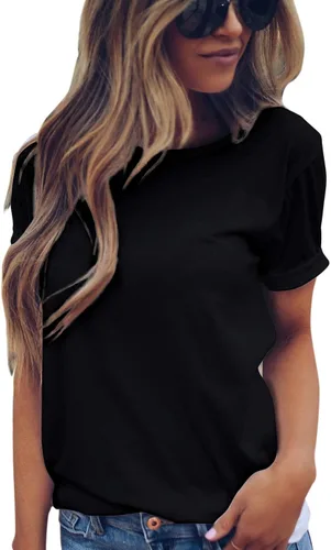 Miniatura 2 de Yesqueen Camiseta casual de manga corta con cuello redondo para mujer, holgada, de algodón básico