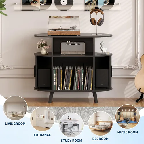Miniatura 8 de Garvee 35'' Fluted Mid Century Modern Turntable Cabinet, Large Round Record Player Stand with Charging Station and Display Shelf, Arched Wood Record
