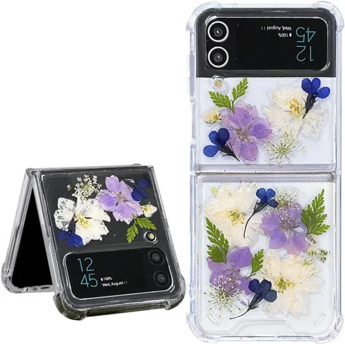 Miniatura 22 de Abbery Funda transparente para Samsung Galaxy Z Flip 3 5G, transparente y con diseño de purpurina bonita con purpurina floral prensada de Rosa