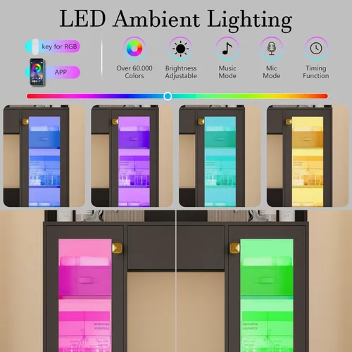 Miniatura 5 de Wodeer Pequeño escritorio de maquillaje con espejo y luces, tocador con armario de cristal, luces LED y toma de corriente, cajón y gabinetes
