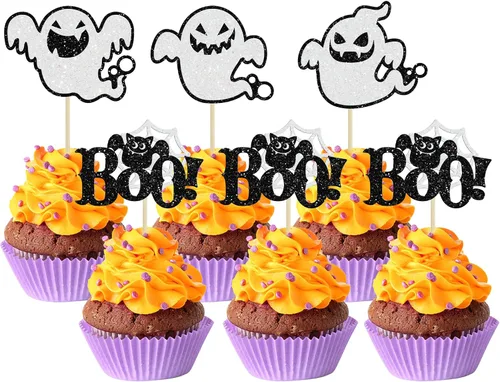 Miniatura 14 de Ephlyn 24 adornos negros para cupcakes con temática de Halloween, baby shower, niños, fiesta de cumpleaños, suministros de decoración de pasteles
