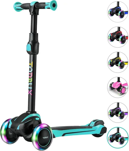 TONBUX Patinete para niños de 3 a 12 años, patinete para niños pequeños con 4 alturas ajustables, patinete de 3 ruedas con luces, diseño de Verde