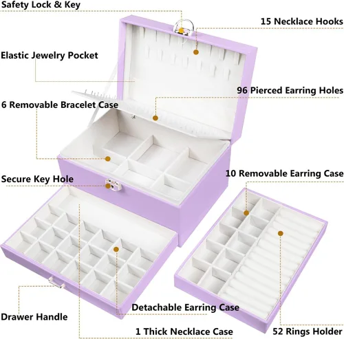 Miniatura 176 de Joyero de pendientes para mujeres y niñas, organizador de aretes de 5 capas, caja organizadora de joyas blanca con candado, collares y aretes