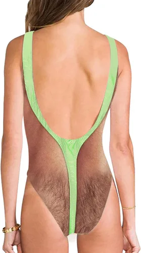 Miniatura 7 de uideazone Traje de baño divertido de las mujeres del pecho del cuerpo peludo impreso hippie trajes de baño traje de baño de una pieza Monokini