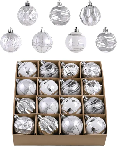 Valery Madelman Juego de decoración para árbol de Navidad, 16 unidades, 2.36 pulgadas, adornos de bolas de Navidad inastillables de color blanco y
