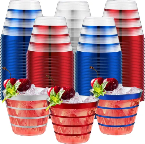 Miniatura 10 de Gejoy 100 vasos de plástico de 9 onzas con borde de Navidad a rayas, desechables a granel, vasos de plástico duro para beber, vasos para bodas, Rojo
