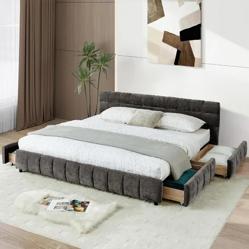 Miniatura 30 de Base de cama tapizada tamaño California King con tela de felpilla gruesa, cama de plataforma con cabecero copetudo, marco de madera maciza, diseño