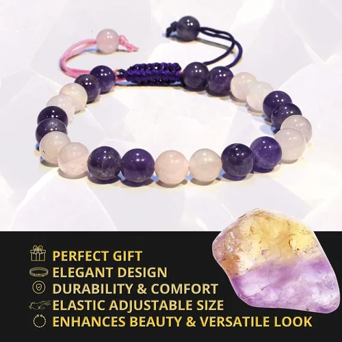 Miniatura 26 de Adjustable Crystal Bracelet – Gemstone Bead Bracelet with Adjustable Macrame String – Chic Gemstone Bracelet for Men and Women – 8mm Round Healing