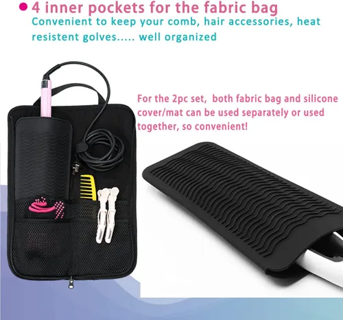 Miniatura 3 de WK IEASON 2 piezas de hierro plano para el cabello, bolsa de lona, resistente al calor, rizador de silicona, para herramientas de cabello, bolsa