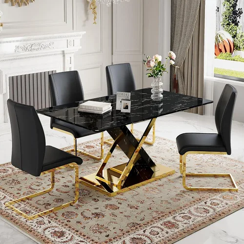 Miniatura 14 de Juego de mesa de comedor de mármol para mesa rectangular blanca de 4.63 pulgadas con marco de metal plateado en forma de X y 4 sillas de comedor