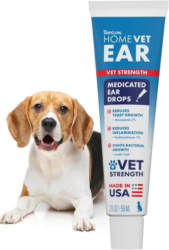TropiClean HomeVet Gotas medicinales para los oídos para perros, tratamiento de levadura y hongos recomendado por veterinarios, limpiador diario de