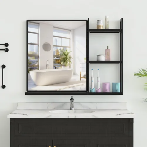 Miniatura 12 de Espejo de baño con estante, espejo de pared rectangular negro, marco de metal, colgante horizontal o vertical (24 x 20 pulgadas)