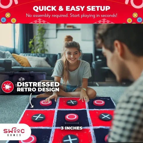 Miniatura 5 de Swooc Games® - Juego Vintage Gigante de Damas y Tres en Raya 2 en 1 con Tapete (3 pies x 3 pies) - Lona 100% Lavable a Máquina - Juegos Gigantes al