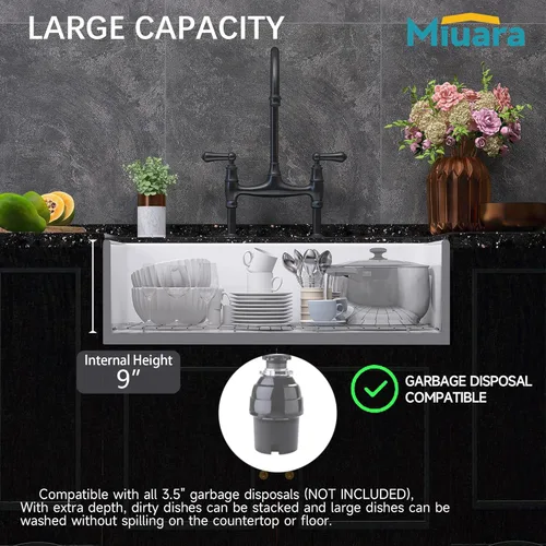Miniatura 70 de Miuara Fregadero de Granja Negro de 33 Pulgadas - Fregadero de Cocina Grande de Frente con Delantal Tazón Individual 33"x18"x10", Instalación Bajo