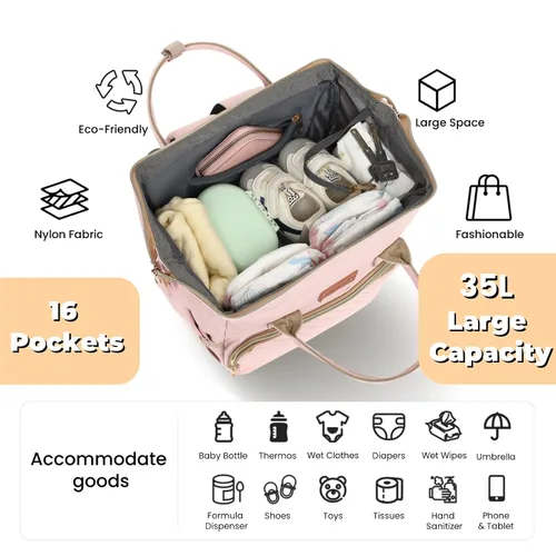 Miniatura 2 de ROSEGIN Mochila rosa para pañales para niñas - Regalos de baby shower para mamá, bolsa de pañales acolchada con cambiador, funda para chupete