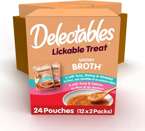 Miniatura 12 de Delectables Lickable Treat Savory Broth Senior 10+ Golosinas húmedas para gatos con pollo y atún reales, cobertura para alimentos, hidratante, sin