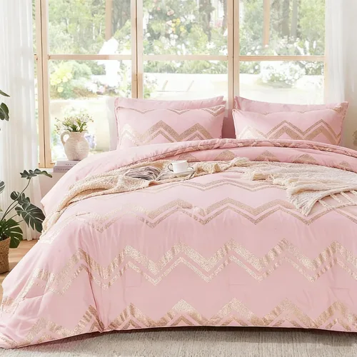 Miniatura 2 de Juego de ropa de cama para niñas, edredón rosa dorado para cama tamaño queen, 7 piezas, juego de ropa de cama dorado con purpurina en lámina