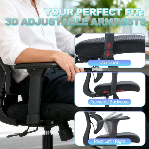 Miniatura 4 de MALOL Silla de oficina ergonómica con reposacabezas ajustables y reposabrazos 3D, silla de escritorio de malla de respaldo alto con soporte lumbar