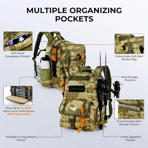 Miniatura 4 de KastKing BaitSpace 50L Mochila para equipo de pesca con encuadernador de cebo removible, 2 soportes para cañas, almacenamiento para equipo y H