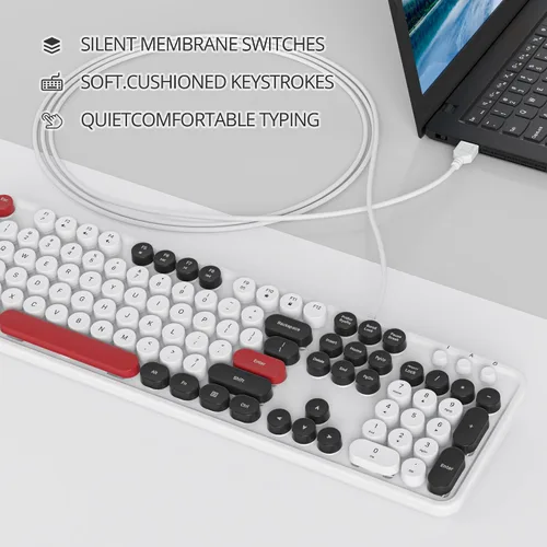 Miniatura 3 de Owpkeenthy Teclado de máquina de escribir con llave redonda retro con cable, tamaño completo, silencioso, Plug and Play USB con soportes plegables