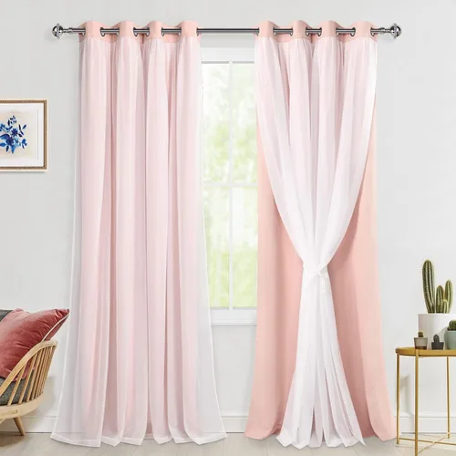 Miniatura 52 de Hiasan Cortinas opacas con superposición transparente, aislamiento térmico para mezclar y combinar de doble capa, cortinas de oscurecimiento de Beige